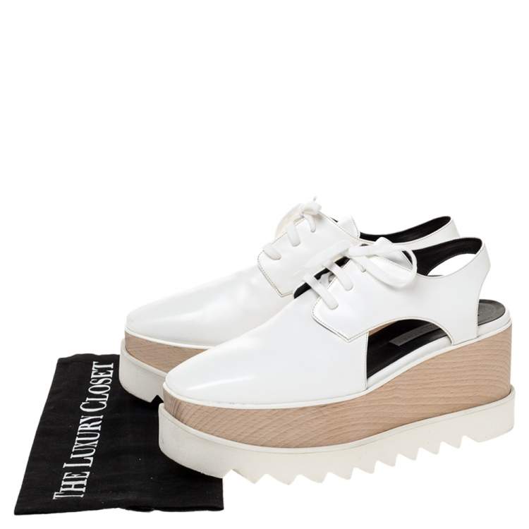 Pre Owned Stella McCartney White Faux Leather Elyse Cut Out Platform Sneakers Size 38.5