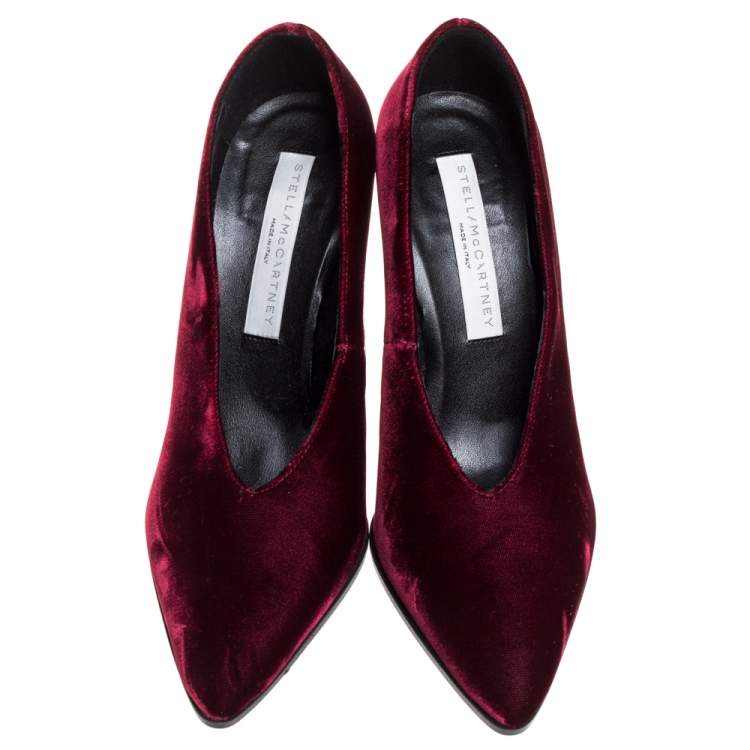 Pre Owned Stella McCartney Maroon Velvet V Neck Pointed Toe Pumps Size 37