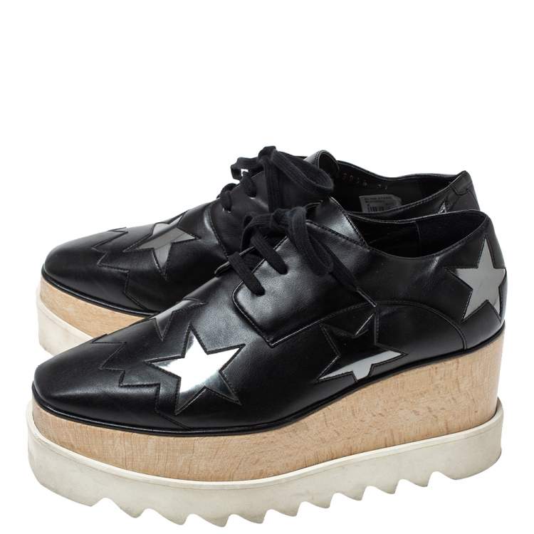 Pre Owned Stella McCartney Black Faux Leather Elyse Star Platform Lace Up Booties Size 37