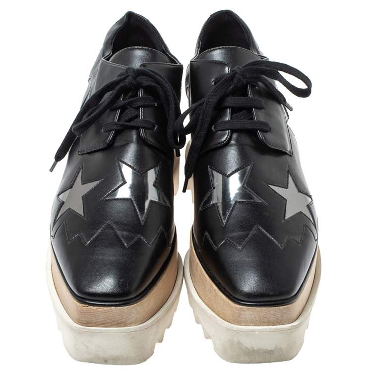 Pre Owned Stella McCartney Black Faux Leather Elyse Star Platform Lace Up Booties Size 37