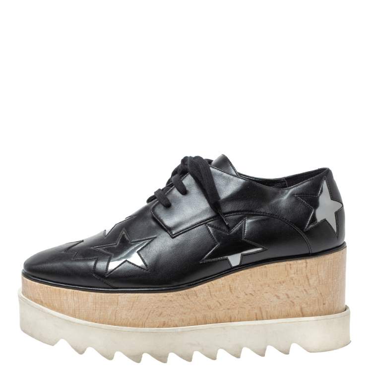 Pre Owned Stella McCartney Black Faux Leather Elyse Star Platform Lace Up Booties Size 37