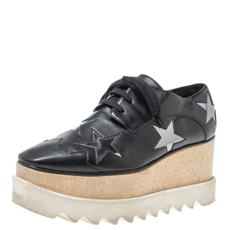 Pre Owned Stella McCartney Black Faux Leather Elyse Star Platform Lace Up Booties Size 37