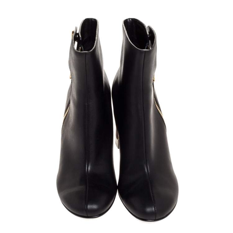 Pre Owned Stella McCartney Black Faux Leather Tortoise Block Heel "Percy" Ankle Booties Size 37.5