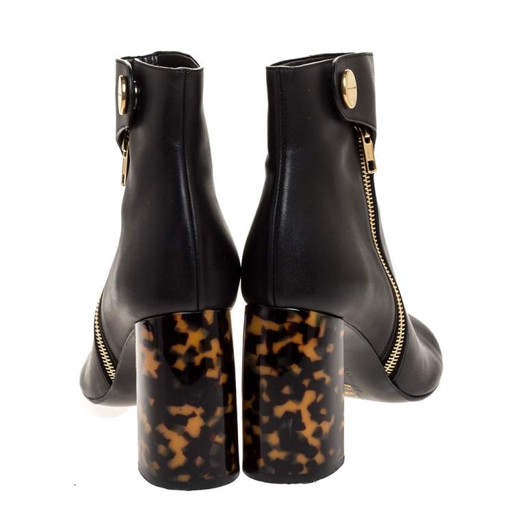 Pre Owned Stella McCartney Black Faux Leather Tortoise Block Heel "Percy" Ankle Booties Size 37.5