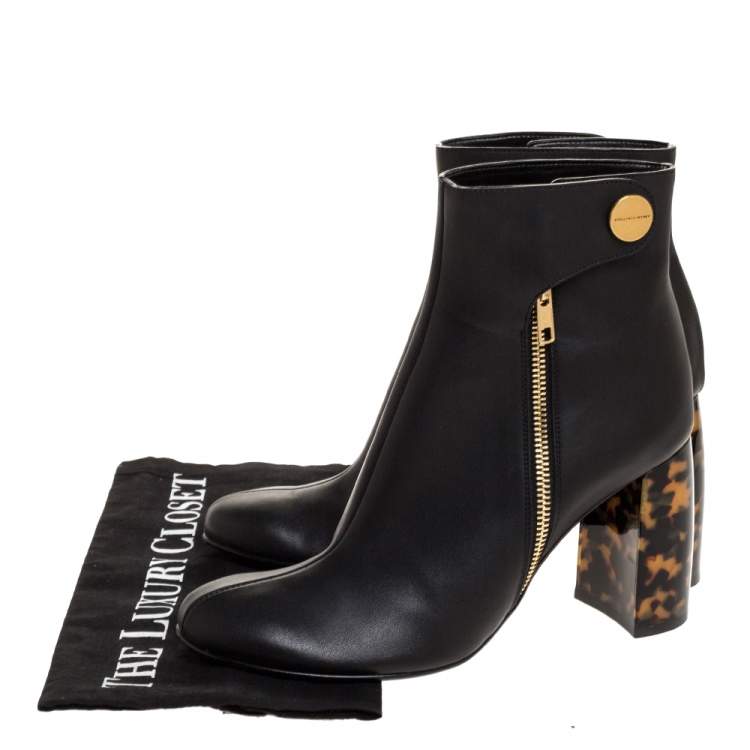 Pre Owned Stella McCartney Black Faux Leather Tortoise Block Heel "Percy" Ankle Booties Size 37.5