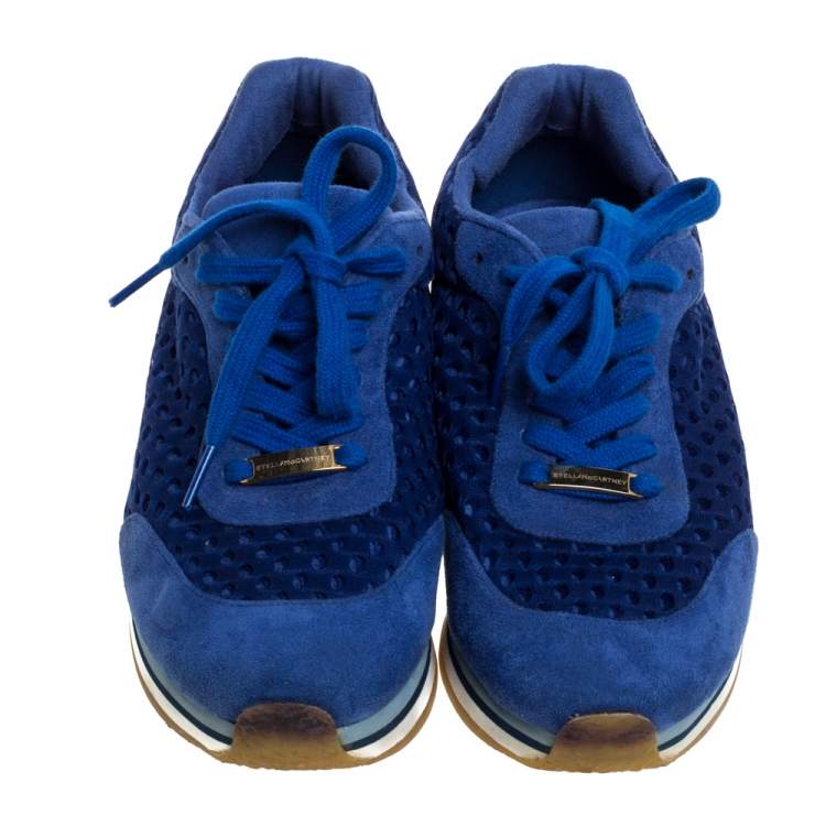 Pre Owned Stella McCartney Blue Faux Suede and Perforated Mesh Lace Up Sneakers Size 38
