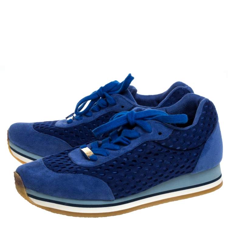 Pre Owned Stella McCartney Blue Faux Suede and Perforated Mesh Lace Up Sneakers Size 38