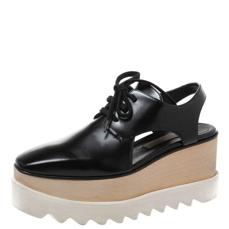 Pre Owned Stella McCartney Black Faux Leather Elyse Cutout Platform Derby Size 35.5