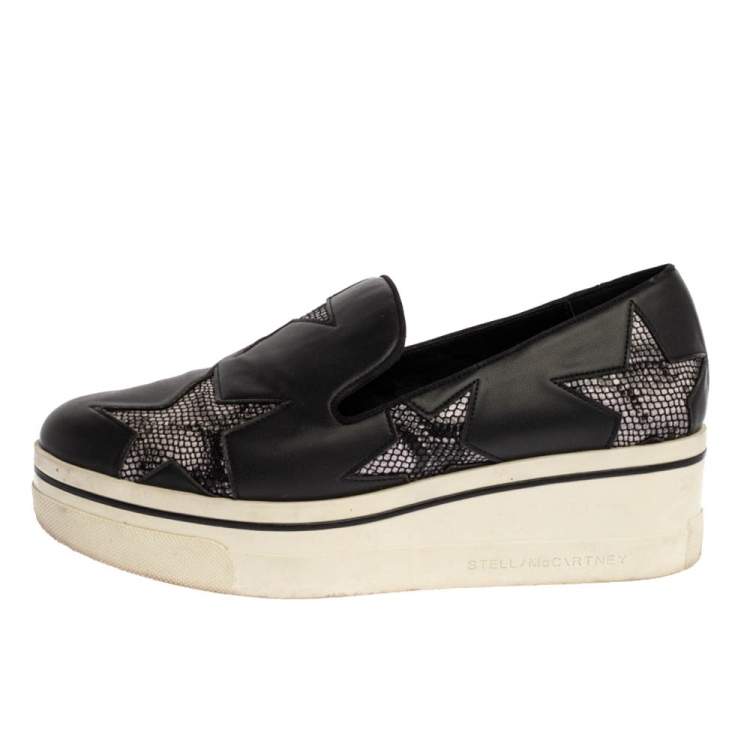 Pre Owned Stella McCartney Black Faux Leather and Multicolor Faux Snake Print  Binx Star Platform Slip On Sneakers Size 38