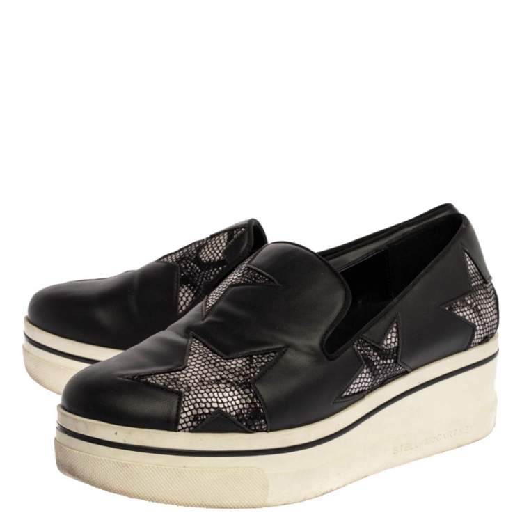 Pre Owned Stella McCartney Black Faux Leather and Multicolor Faux Snake Print  Binx Star Platform Slip On Sneakers Size 38