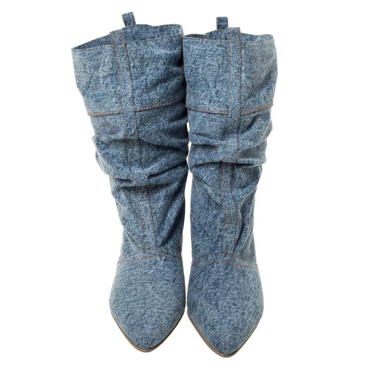 Pre Owned Stella McCartney Grey Denim Pointed Toe Mid Calf Boots Size 40