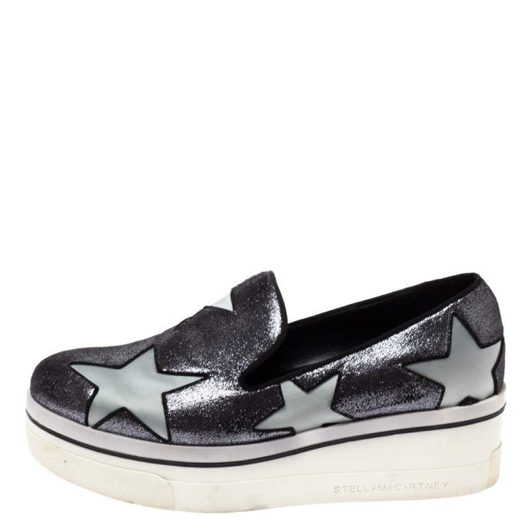Pre Owned Stella McCartney Black Shimmery Faux Leather and Grey Satin Binx Star Platform Slip On Sneakers Size 37