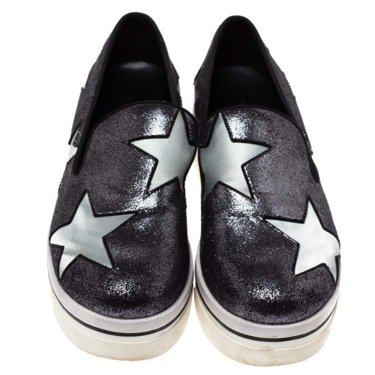 Pre Owned Stella McCartney Black Shimmery Faux Leather and Grey Satin Binx Star Platform Slip On Sneakers Size 37