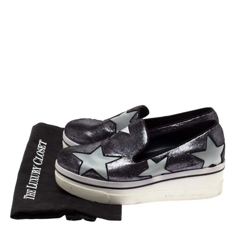 Pre Owned Stella McCartney Black Shimmery Faux Leather and Grey Satin Binx Star Platform Slip On Sneakers Size 37