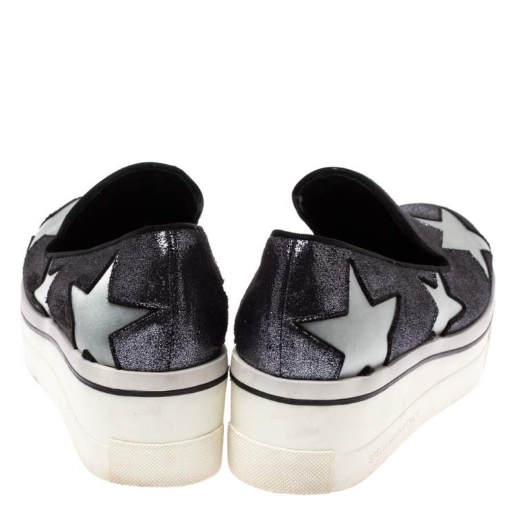 Pre Owned Stella McCartney Black Shimmery Faux Leather and Grey Satin Binx Star Platform Slip On Sneakers Size 37