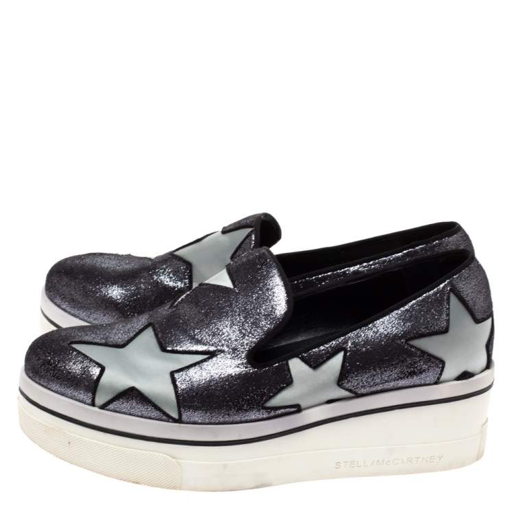 Pre Owned Stella McCartney Black Shimmery Faux Leather and Grey Satin Binx Star Platform Slip On Sneakers Size 37