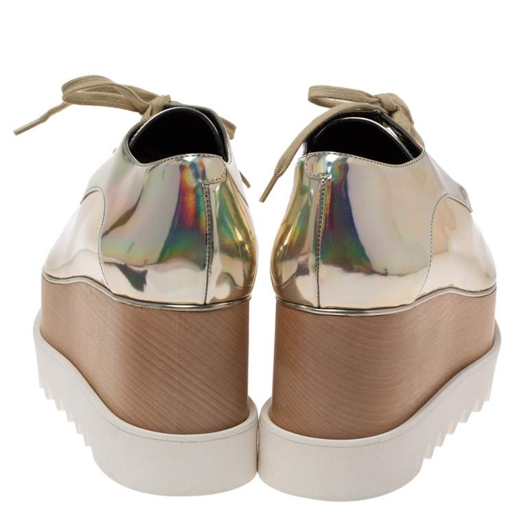 Pre Owned Stella McCartney Metallic Gold Faux Leather Elyse Platform Derby Sneakers Size 40.5