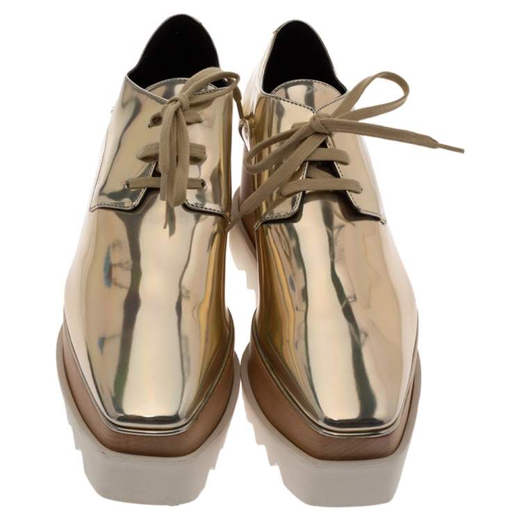 Pre Owned Stella McCartney Metallic Gold Faux Leather Elyse Platform Derby Sneakers Size 40.5