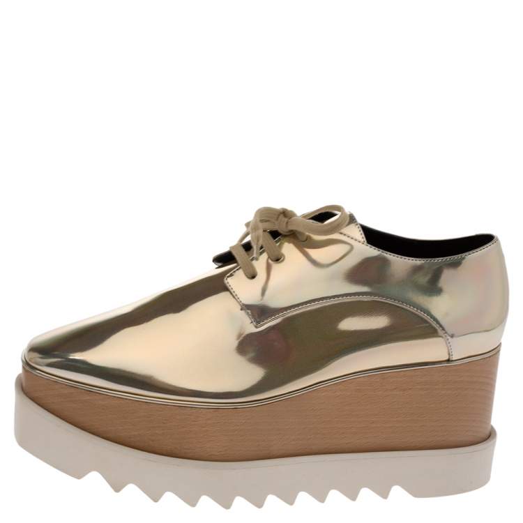Pre Owned Stella McCartney Metallic Gold Faux Leather Elyse Platform Derby Sneakers Size 40.5