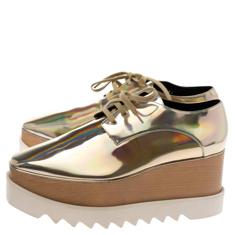 Pre Owned Stella McCartney Metallic Gold Faux Leather Elyse Platform Derby Sneakers Size 40.5