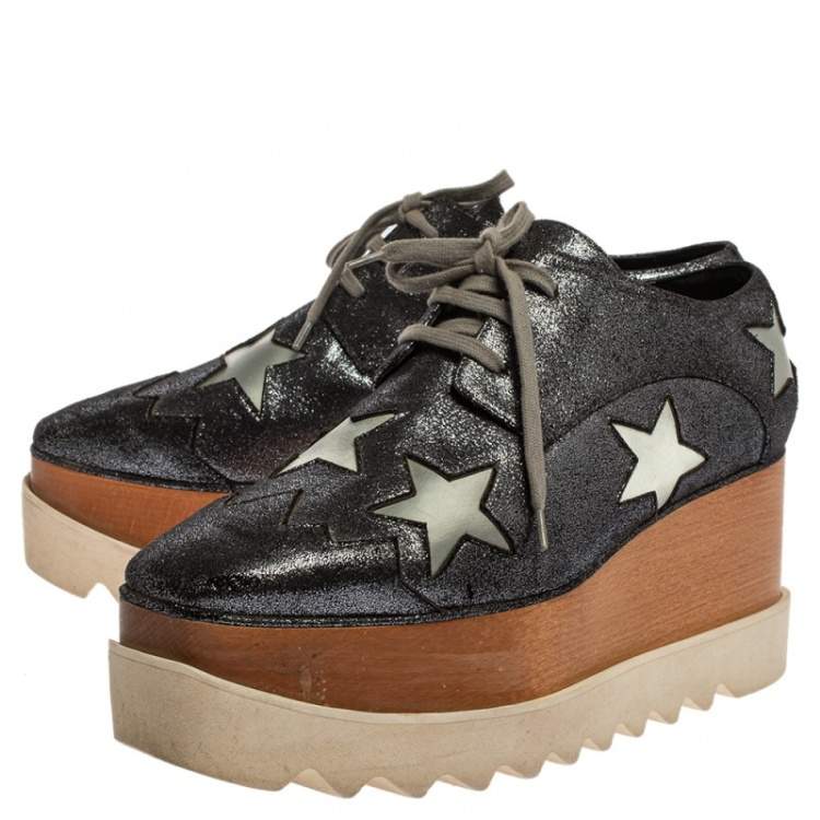 Pre Owned Stella McCartney Metallic Black Faux Leather Star Platform Derby Size 40