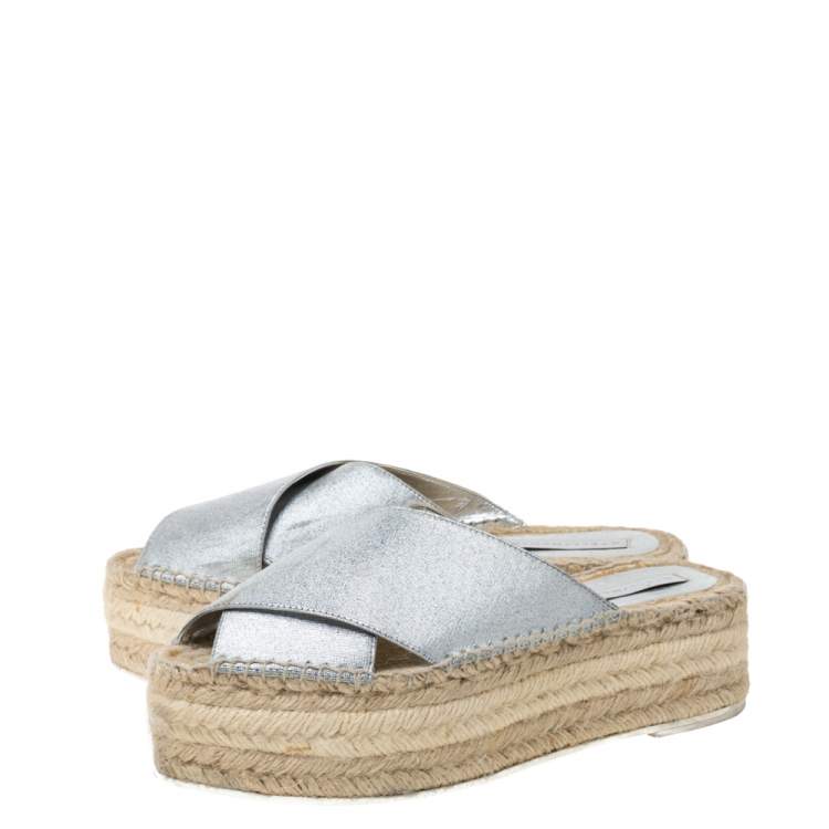 Pre Owned Stella McCartney Metallic Glitter Faux Leather Cross Strap Espadrille Flats Size 37
