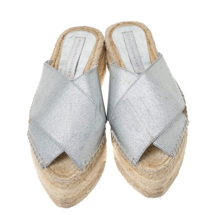 Pre Owned Stella McCartney Metallic Glitter Faux Leather Cross Strap Espadrille Flats Size 37