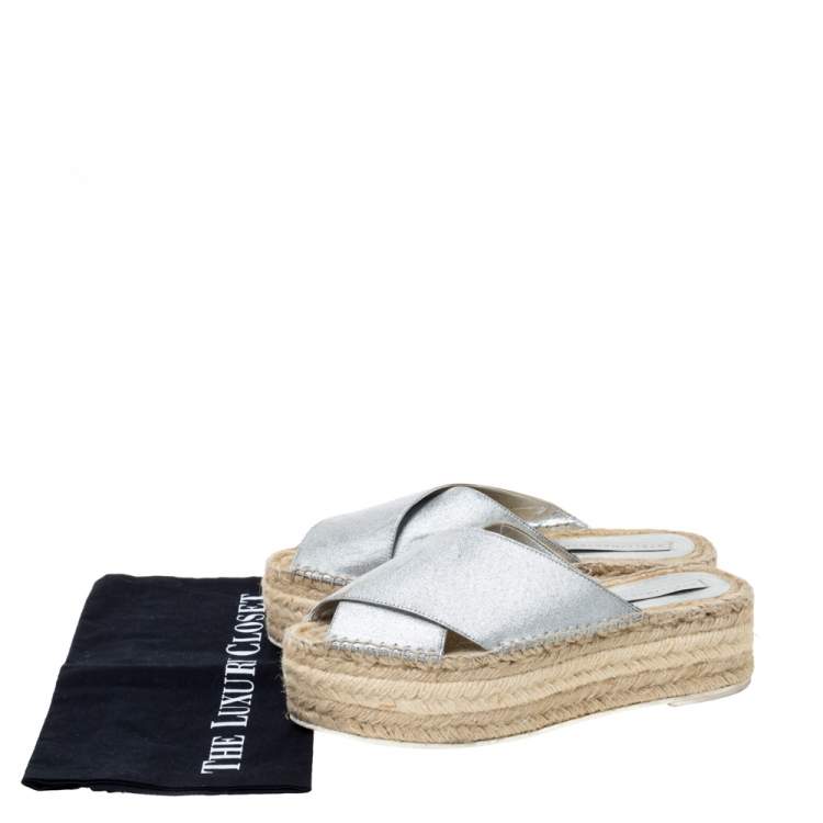 Pre Owned Stella McCartney Metallic Glitter Faux Leather Cross Strap Espadrille Flats Size 37