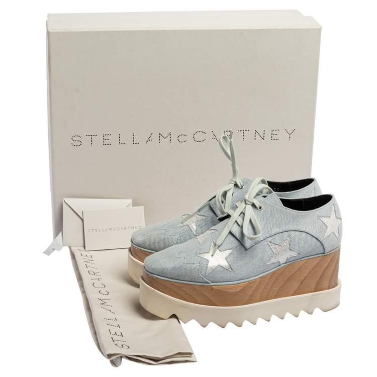 Pre Owned Stella McCartney Light Blue Denim Fabric Elyse Stars Platform Lace Up Sneakers Size 35