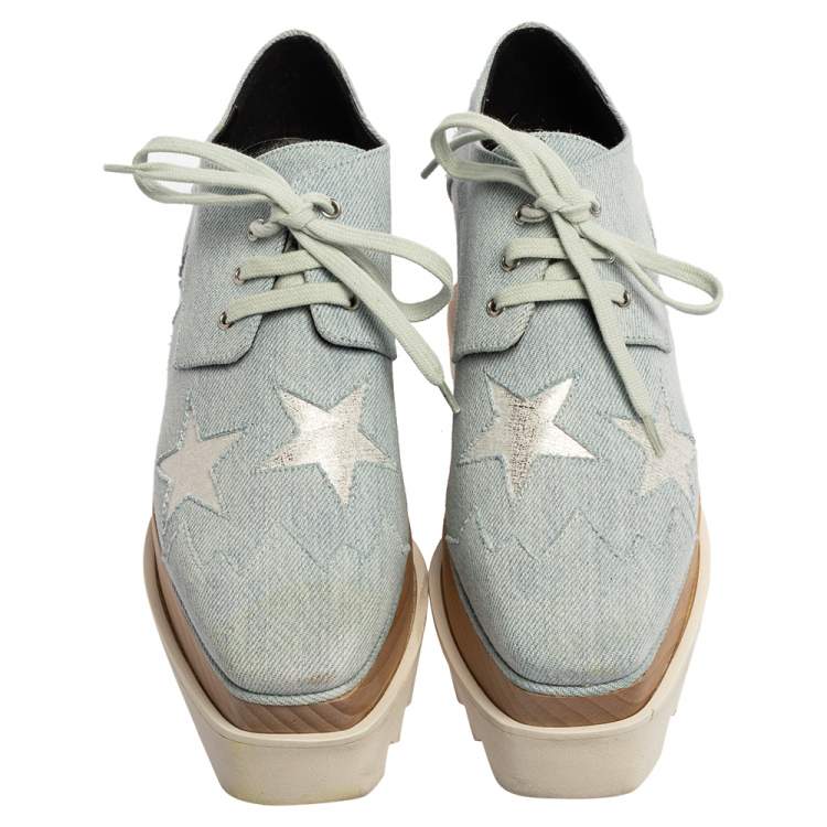 Pre Owned Stella McCartney Light Blue Denim Fabric Elyse Stars Platform Lace Up Sneakers Size 35