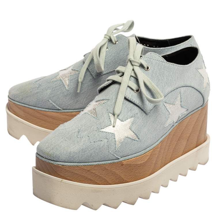 Pre Owned Stella McCartney Light Blue Denim Fabric Elyse Stars Platform Lace Up Sneakers Size 35