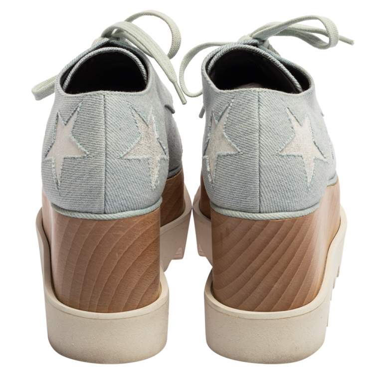 Pre Owned Stella McCartney Light Blue Denim Fabric Elyse Stars Platform Lace Up Sneakers Size 35