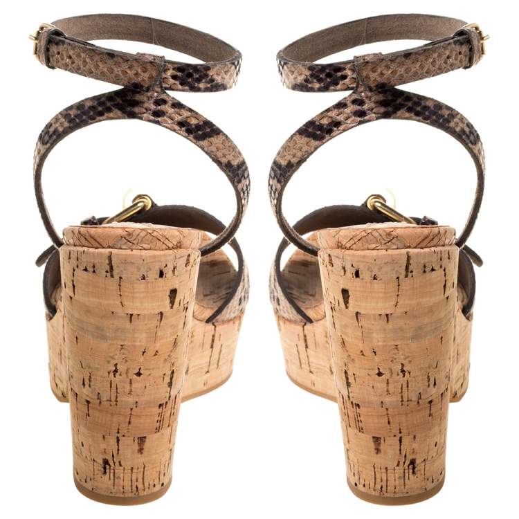 Pre Owned Stella McCartney Brown/Black Python Effect Faux Leather And Cork Platform Ankle Strap Sandals Size 38