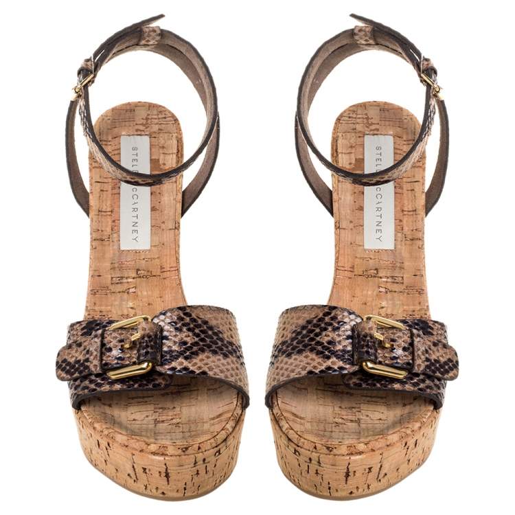 Pre Owned Stella McCartney Brown/Black Python Effect Faux Leather And Cork Platform Ankle Strap Sandals Size 38