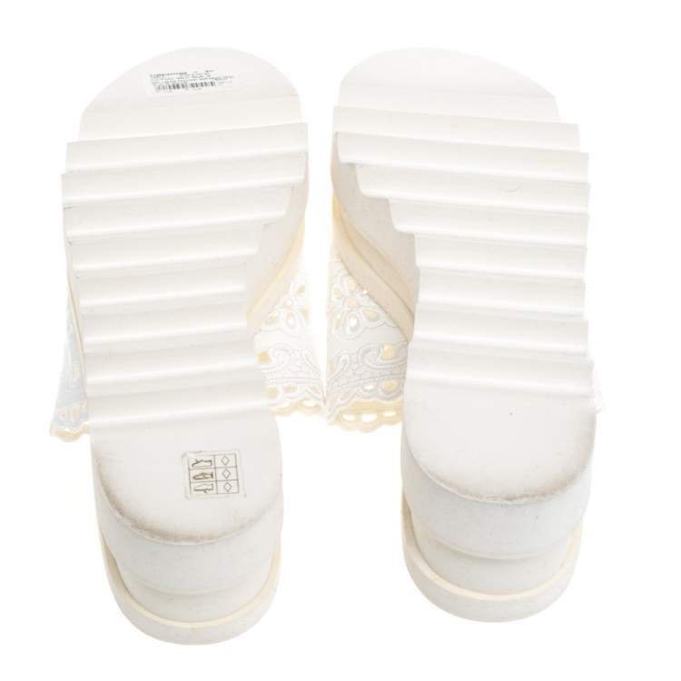 Pre Owned Stella McCartney White Lace Cut Brocade Faux Leather Platform Slides Size 39