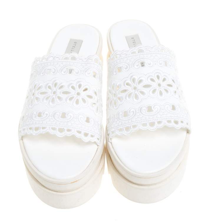 Pre Owned Stella McCartney White Lace Cut Brocade Faux Leather Platform Slides Size 39