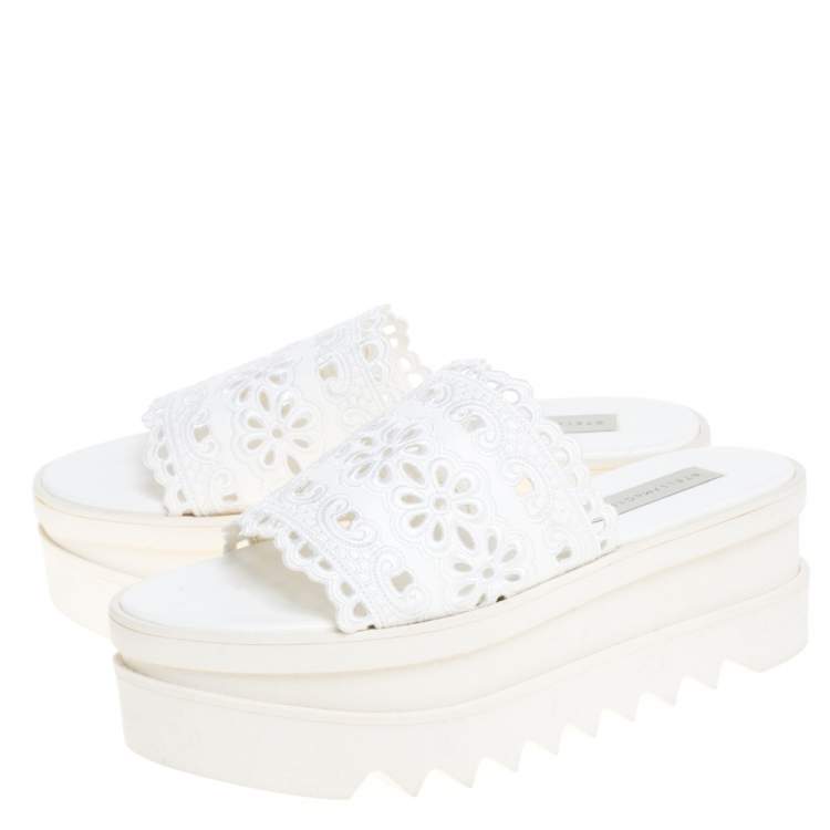 Pre Owned Stella McCartney White Lace Cut Brocade Faux Leather Platform Slides Size 39