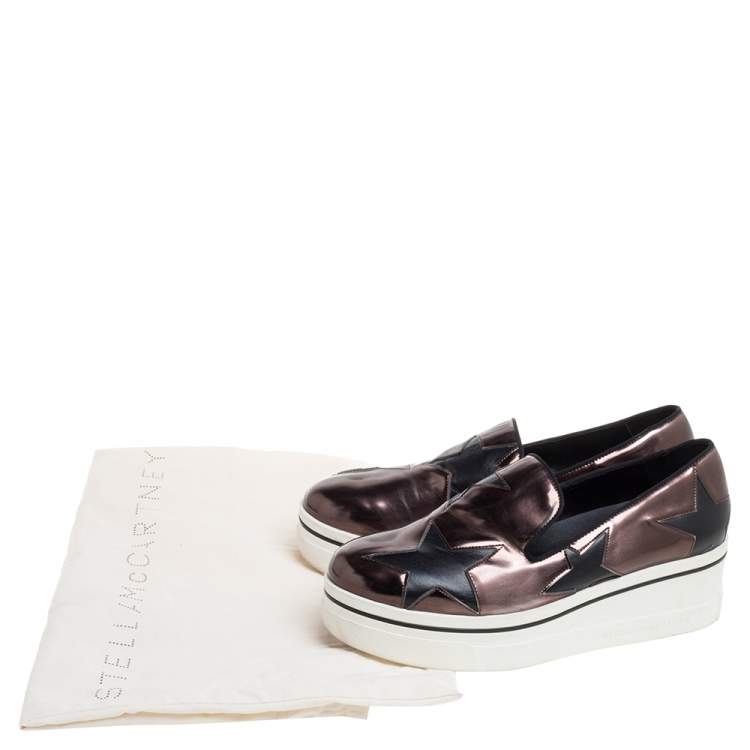 Pre Owned Stella McCartney Black/Brown Faux Leather Binx Star Platform Slip On Sneakers Size 38