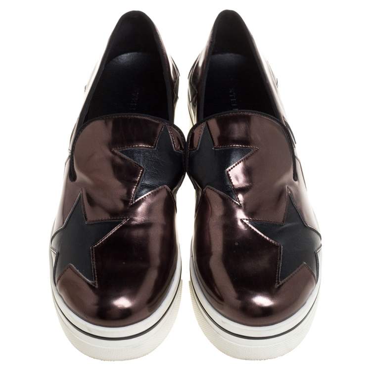Pre Owned Stella McCartney Black/Brown Faux Leather Binx Star Platform Slip On Sneakers Size 38
