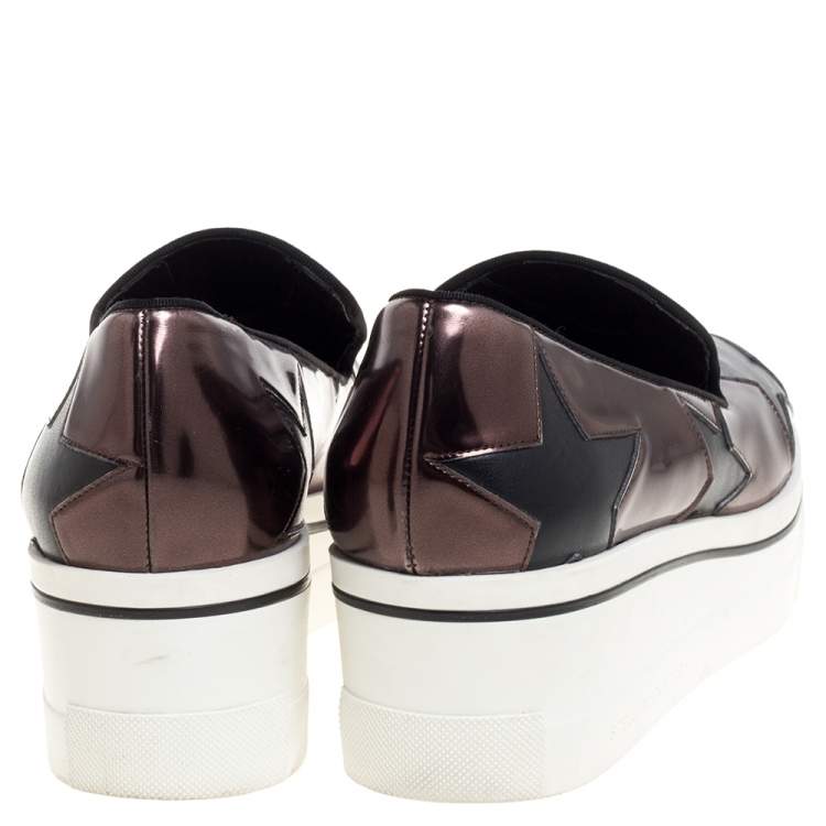 Pre Owned Stella McCartney Black/Brown Faux Leather Binx Star Platform Slip On Sneakers Size 38