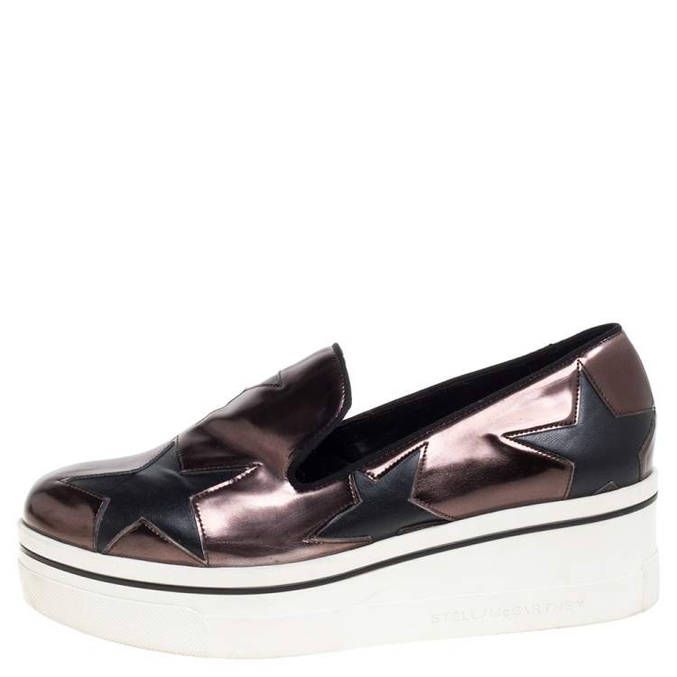 Pre Owned Stella McCartney Black/Brown Faux Leather Binx Star Platform Slip On Sneakers Size 38