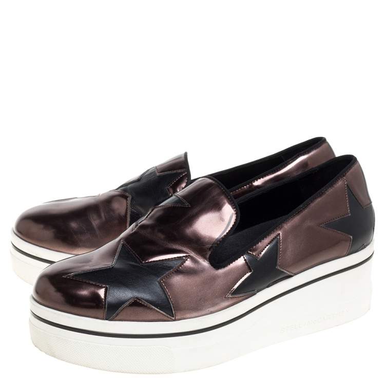 Pre Owned Stella McCartney Black/Brown Faux Leather Binx Star Platform Slip On Sneakers Size 38