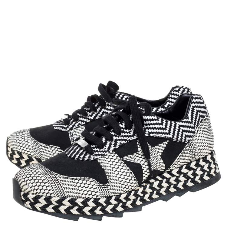 مملوكة مسبقًا Stella McCartney Monochrome Faux Suede and Woven Straw/Tweed Macy Star Trainers Sneakers Size 38