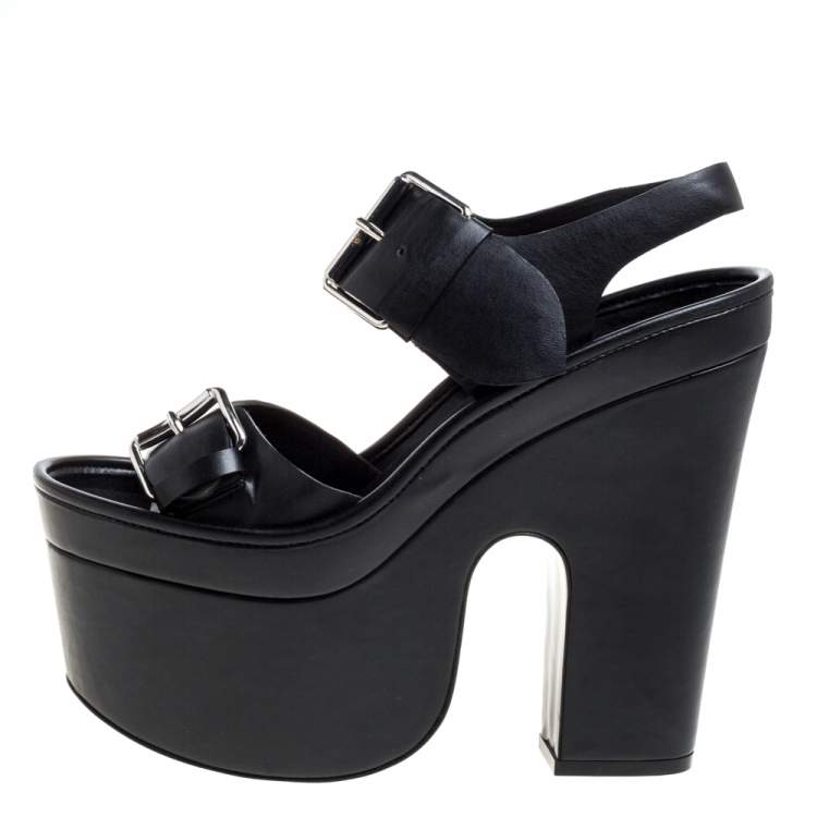Pre Owned Stella McCartney Black Faux Leather Buckle Block Heel Platform Sandals Size 38