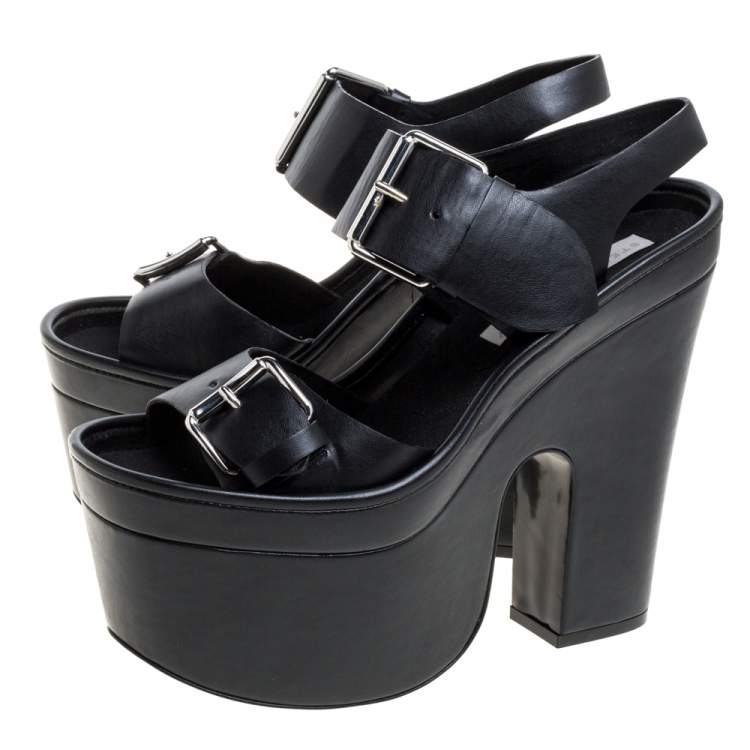 Pre Owned Stella McCartney Black Faux Leather Buckle Block Heel Platform Sandals Size 38
