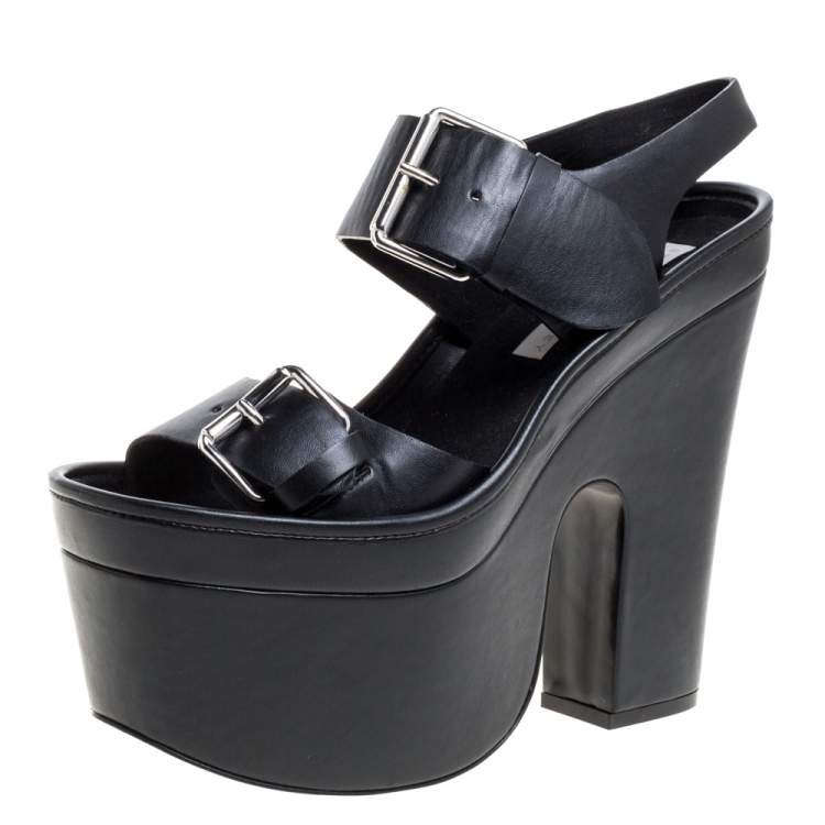 Pre Owned Stella McCartney Black Faux Leather Buckle Block Heel Platform Sandals Size 38