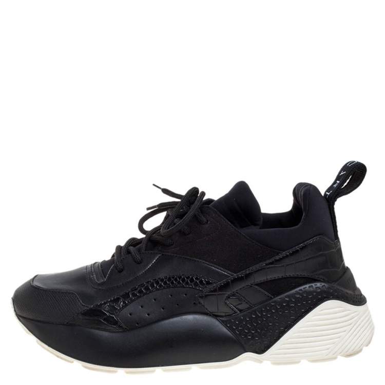 Pre Owned Stella McCartney Black Faux Suede And Embossed Leather Eclypse Low Top Sneakers Size 39