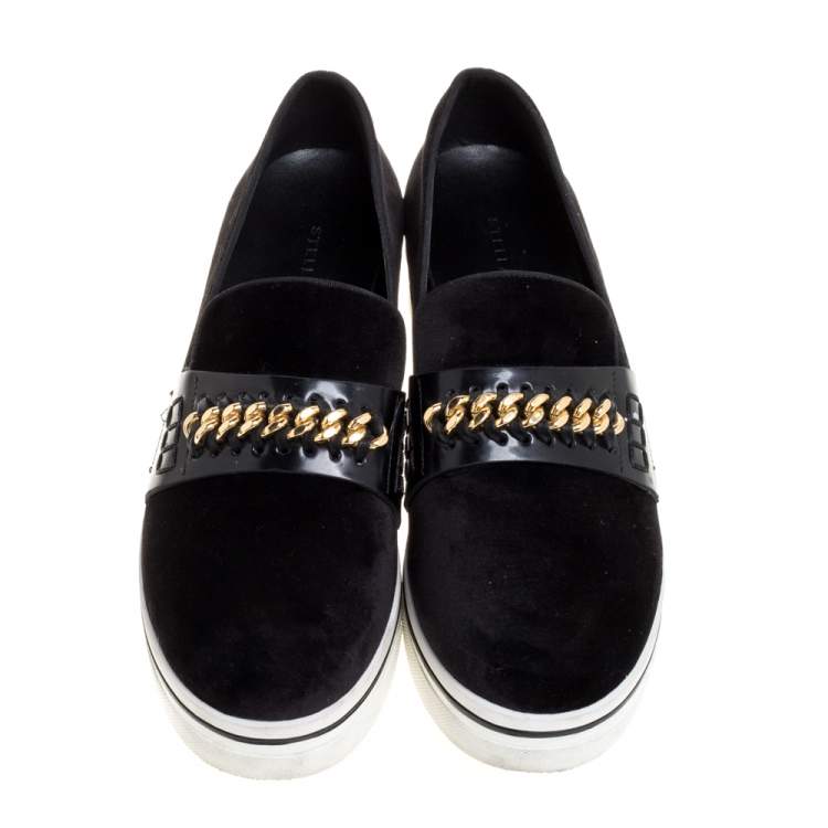Pre Owned Stella McCartney Black Faux Suede Chain Embellished Platform Slip On Sneakers Size 39