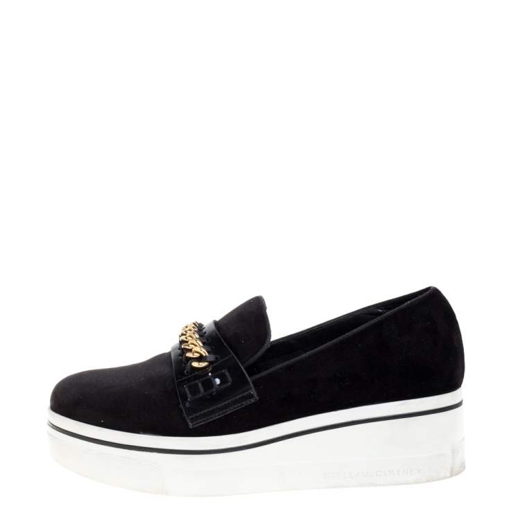 Pre Owned Stella McCartney Black Faux Suede Chain Embellished Platform Slip On Sneakers Size 39