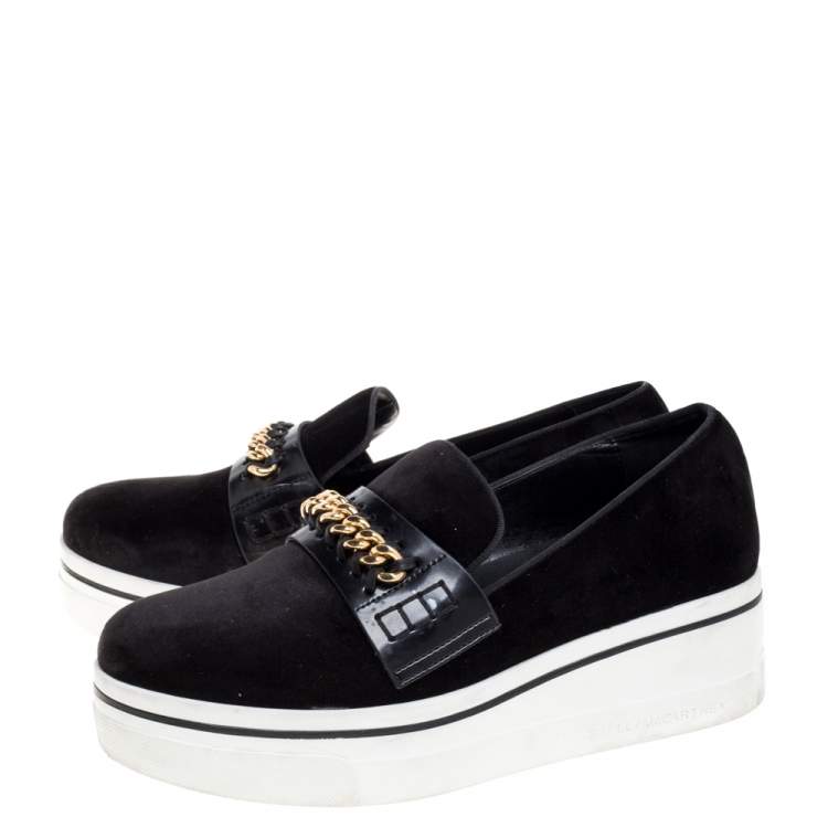 Pre Owned Stella McCartney Black Faux Suede Chain Embellished Platform Slip On Sneakers Size 39